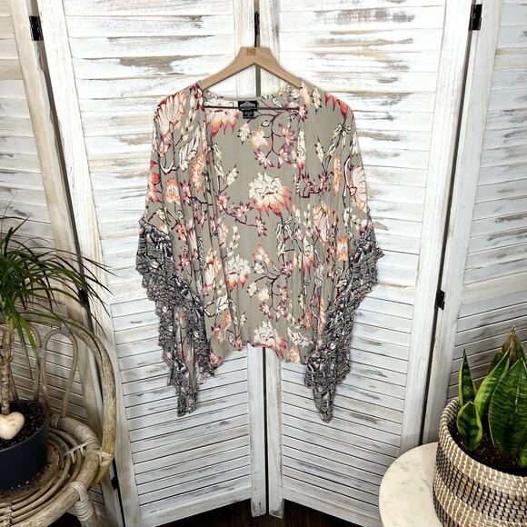 ANGIE Women's Sm Open Front Kimono Top Floral Ruffle Tim Taupe Coral Oversized - Picture 16 of 16